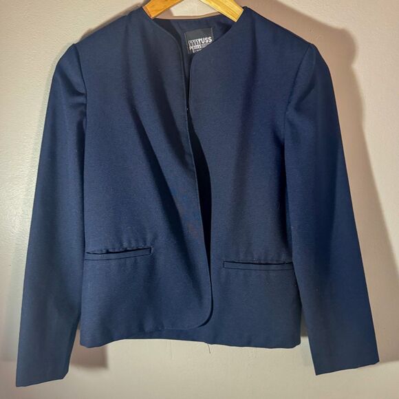 Vintage 80s/90s Russ Petites Navy Blue Collarless Blazer - Picture 1 of 5